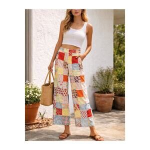 Vintage Patchwork Quilt Cropped Pants High Rise Boho Flare Artisan Small S